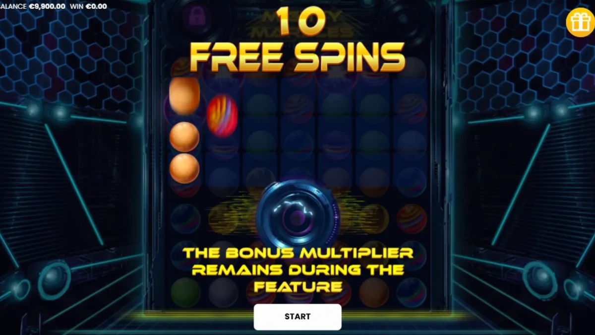 Neon-themed cosmic marble slot grid interface